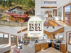 Eine Fotocollage eines Hauses mit dem Schild „Stay in the BB“. in der Unterkunft Lead Haven Lodge in Lead