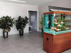 an aquarium with fish in a room with plants at GreenTree Inn Express Liaoning Jinzhou Bijia Mountain in Dandong