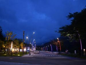 束草市Sorak Y Hostel的夜间有车停在路边的街道