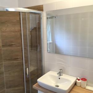 a bathroom with a sink and a shower at Zielony Cypel in Lubniewice +122 photos