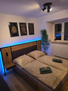 ein Schlafzimmer mit einem Bett mit blauem Licht in der Unterkunft WohnTraum Im Grünen in Dresden