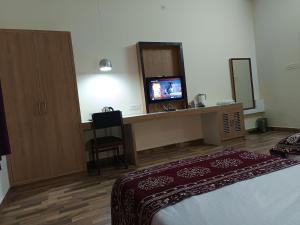 een hotelkamer met een bed en een televisie bij Satkar palace hotel  +19 foto's