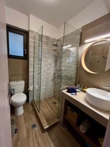 een badkamer met een douche, een toilet en een wastafel bij Ionian Sea View Luxury Apartments in Nikiana +15 foto's