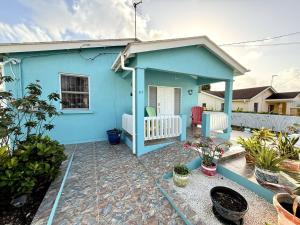 a blue house with a porch and some plants at Steps to the Sea - by ZenBreak in Saint Peter