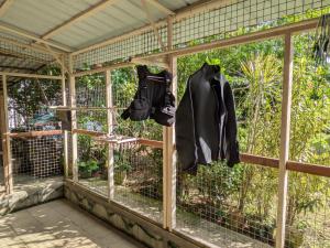 a bird cage with two jackets hanging from it at DW Motel in Koror
