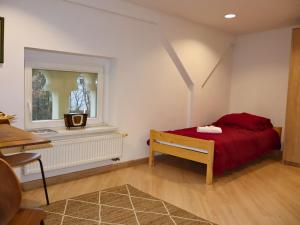 ein Schlafzimmer mit einem roten Bett und einem Fenster in der Unterkunft Rzymskie wakacje in Oppeln