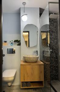 a bathroom with a sink and a toilet and a mirror at Cloud Express in Petroşani