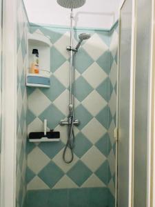 ein Badezimmer mit einer Dusche mit blauen und weißen Fliesen in der Unterkunft Villa Lina in Órgiva + 7 Fotos