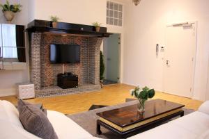 a living room with a fireplace with a tv at Luxury Apartments Arendshof in Antwerp