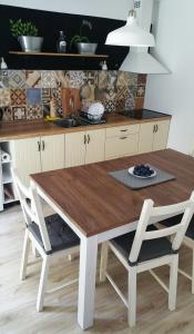 a kitchen with a wooden table and two chairs at Apartment 179 in Tábor