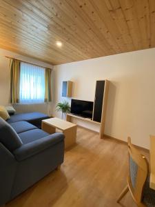 a living room with a blue couch and a television at Ferienwohnung Bargehr Marion in Sankt Gallenkirch