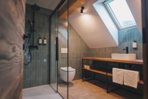 a bathroom with a toilet and a glass shower at Domačija Majer'ca in Bohinj