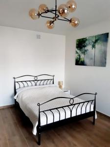 een slaapkamer met een zwart bed en een kroonluchter bij Apartament u Anielki in Uniejow