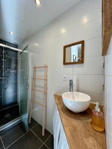 een badkamer met een wastafel en een glazen douche bij La maison des Macareux - 5 min des plages in Lamballe Armor