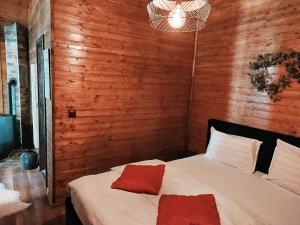 una camera da letto con pareti in legno e un letto con cuscini rossi di Popa Cabana a Sibiu Altre 40 foto