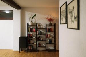 a book shelf in a room with books at Gasthof zum goldenen Schiff - Lehmzimmer Sand in Marktbreit