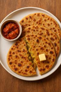 einen Teller mit zwei Pfannkuchen und einer Schüssel Soße in der Unterkunft Hotel Earth By Aashiyana in Neu-Delhi