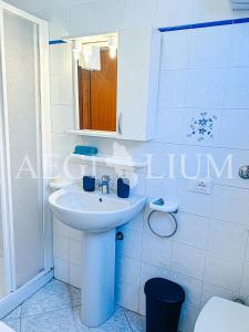 ein weißes Badezimmer mit Waschbecken und Dusche in der Unterkunft Raffaella 2 in Campese