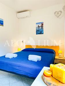 una camera da letto con un letto blu e un tavolo di Raffaella 3 a Campese