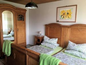 a bedroom with two beds and a mirror at Ferienwohnung Diesbrunnen in Ebermannstadt +57 photos