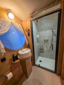 vista sul soffitto di un bagno con doccia e lavandino di Nomad by Hora cu Brazi a Zărneşti
