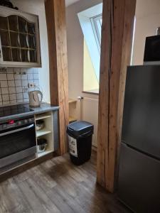 een keuken met een koelkast en een vuilnisbak bij Süder11 - ApartD in Eddelak