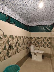 een badkamer met een toilet en een fraai gedecoreerd plafond bij the jungle book - luxury camps by lake & woods in Bhīm Tāl