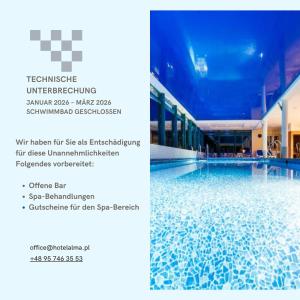 een flyer voor een hotel met een zwembad bij SPA Barlinek, Hotel Alma & SPA - UWAGA - styczen do marzec 2026 basen nieczynny! in Barlinek