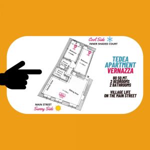 een hand die wijst naar een plattegrond van een gebouw bij Tedea 2-bedroom 2-bathroom Exclusive Apartment in Vernazza