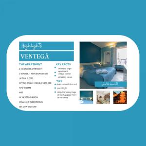 een flyer voor een hotelkamer met een bed bij Ventegà Sea View Apartment with Balcony in Vernazza