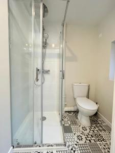 une salle de bains avec douche et toilettes dans l'établissement Le Terracotta, central et intimiste, à La Celle-sous-Gouzon