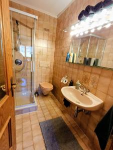 een badkamer met wastafel, douche en toilet bij Ferienwohnung Schösserhof in Reith bei Kitzbühel +26 foto's