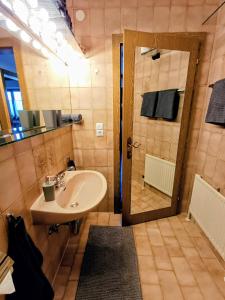 een badkamer met wastafel en douche met spiegel bij Ferienwohnung Schösserhof in Reith bei Kitzbühel