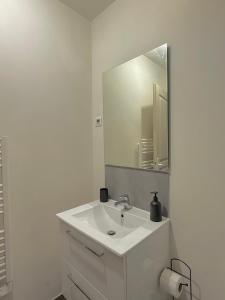 une salle de bains blanche avec un lavabo et un miroir dans l'établissement Le Borie climatisé, à Arles