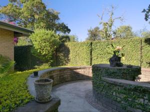 a garden with a retaining wall and a stone bench at Forest and Ferns in Graskop