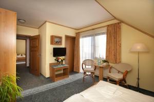 a hotel room with a bed and a table and chairs at Hotel Waldesruh in Lengefeld
