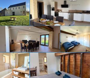 a collage of photos of a kitchen and a house at Le Pressoir, maison au calme, jardin, terrasse, 3 chambres, 2 sdb, 2 WC, proche Bayeux et Arromanches au coeur des plages du débarquement in Longues-sur-Mer