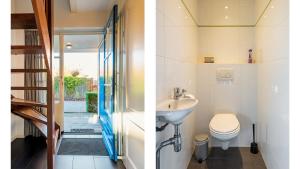 twee afbeeldingen van een badkamer met toilet en wastafel bij De Lepelaer in Schoorl +24 foto's