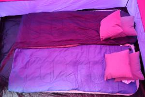 a bed with purple sheets and pillows on it at Munich Oktoberfest Bavarian Camping Village with breakfast & welcome beer in Munich +56 photos