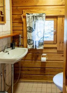 een badkamer met een wastafel en een raam bij Mökki Syrjälä in Puumala