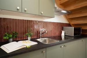 een keuken met een wastafel en een boek op een aanrecht bij Gerberhof 1 in Plön