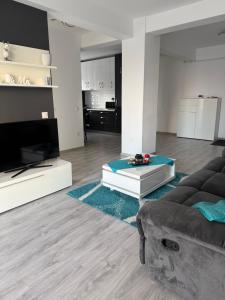 a living room with a couch and a tv at Modern Stay in Şelimbăr