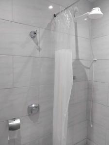 a bathroom with a shower with a shower curtain at KITNET ELVIS PRESLEY - Largo do Machado in Rio de Janeiro +12 photos