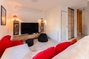 een woonkamer met een rode bank en een flatscreen-tv bij Le clos Serenity - Jardin & parking in Horbourg
