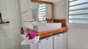 een badkamer met een wastafel en een spiegel bij Le chant du Lagon in La Saline les Bains +116 foto's