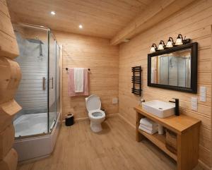 un bagno con wc, doccia e lavandino di Góralska Chatka jacuzzi i sauna a Kościelisko Altre 19 foto