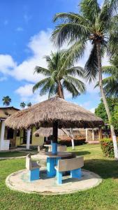 a picnic table and a straw umbrella and palm trees at Pousada Encantos de Paripueira in Paripueira