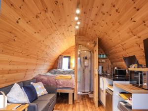 a living room with a couch in a tiny house at The Pod at Greenbank in Kilbride