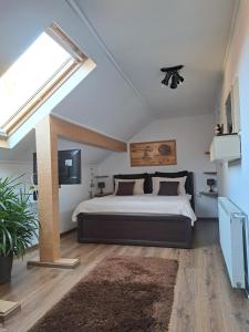 Un dormitorio con una cama grande y una claraboya. en Shelby Accommodation -Adult Only-, en Sinaia