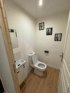 une salle de bain avec toilettes et lavabo avec des tableaux au mur dans l'établissement L'élégante, à Saint-Trivier-de-Courtes